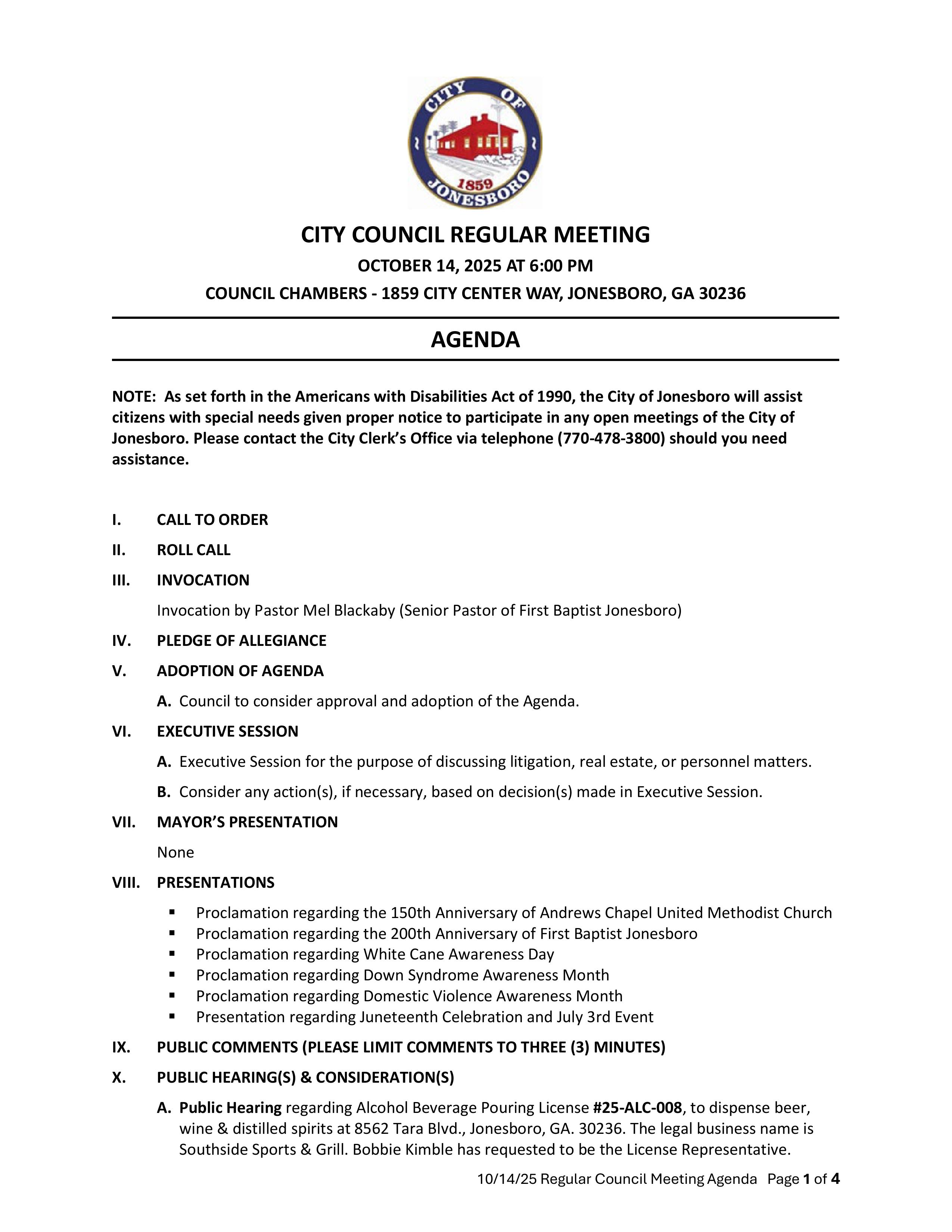 CITY COUNCIL REGULAR SESSION AGENDA OCTOBER 14, 2025